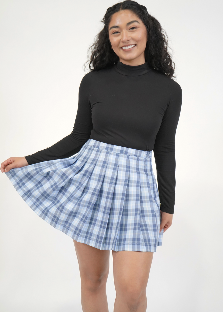 Blue plaid pleated skirt best sale