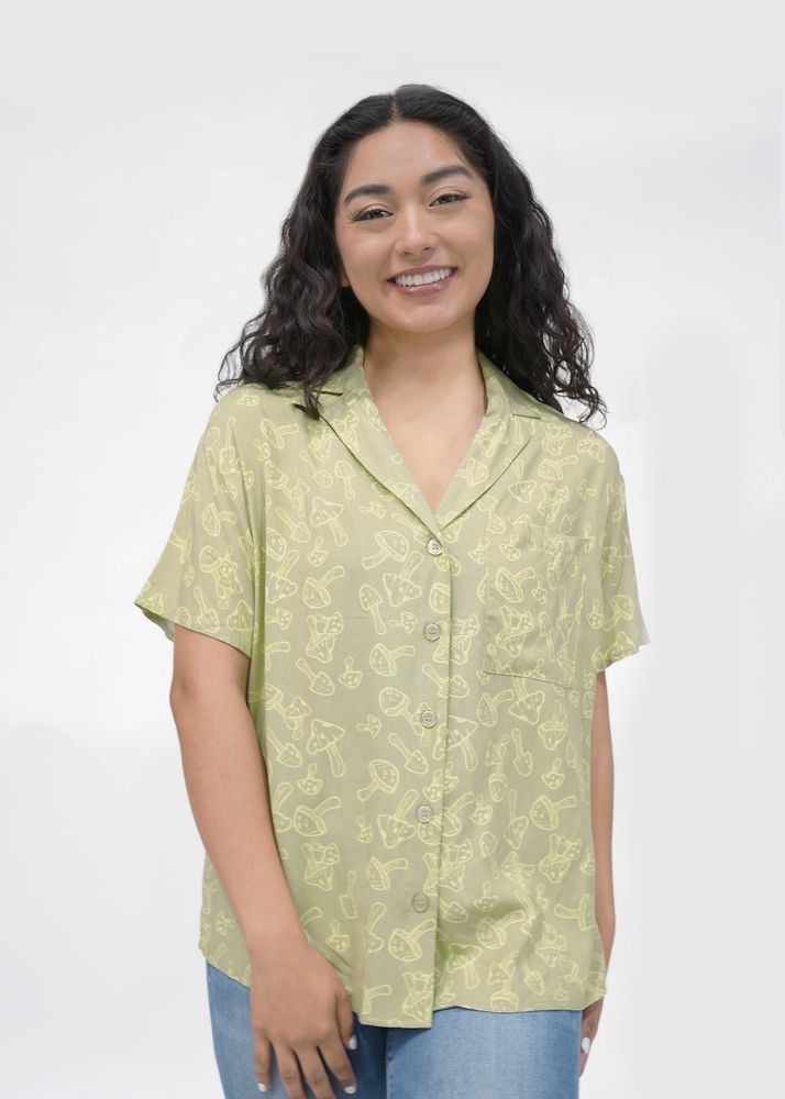 Front of model wearing Sydney Shirt in Sage Green Mushroom print