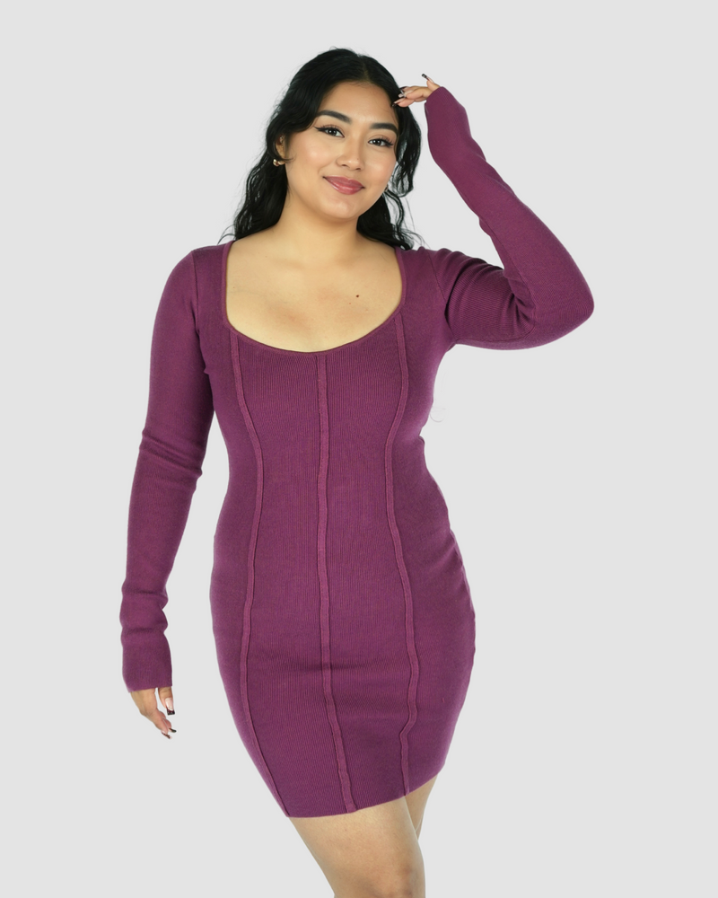 Violet Ribbed Corset Long Sleeve Midi Dress Violet / L Violet Ribbed Corset Long Sleeve Midi Dress Violet / L