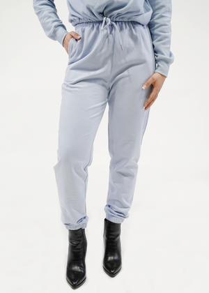 
                  
                    Front of model wearing jogger pant in zen blue
                  
                