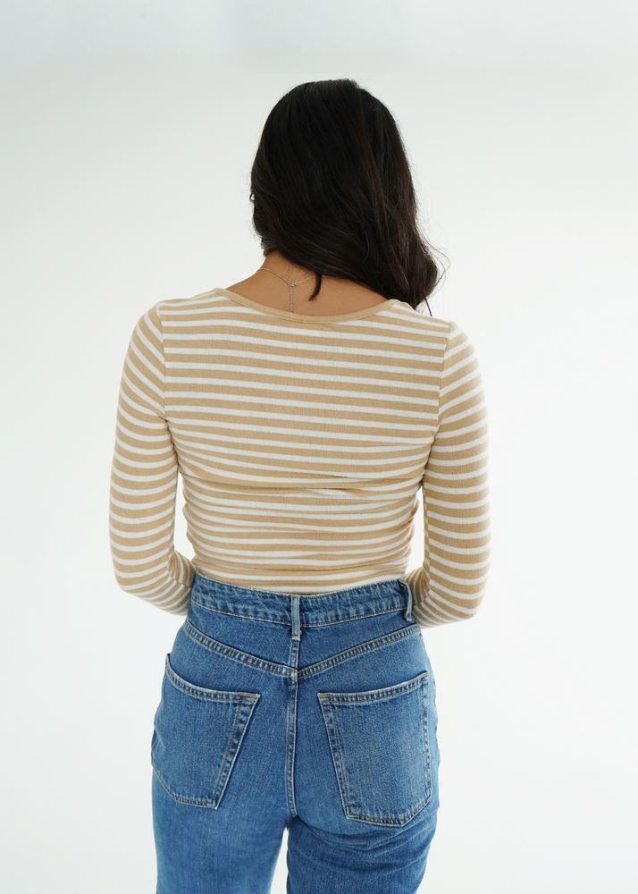 
                  
                    Back view of model wearing the Isabelle top in Maroon and white stripes
                  
                