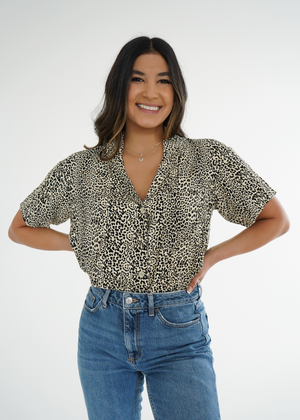 
                  
                    Front view of model wearing leopard print Sydney shirt tucked into jeans
                  
                