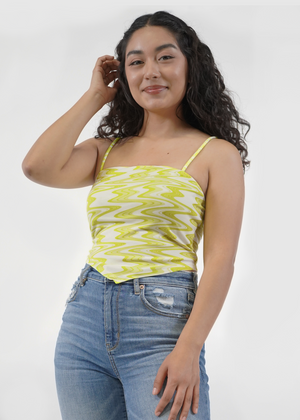 
                  
                    Front of model wearing Kylie Tank in electric lime waves print
                  
                