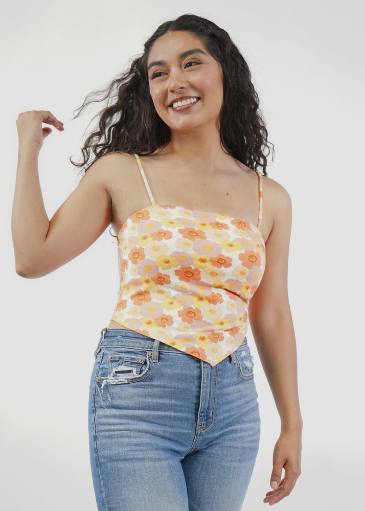 
                  
                    Front of model wearing Kylie cropped top in Summer flower power print
                  
                