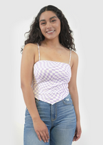 Front of model wearing Kylie cropped top in Checkered Orchid print