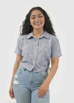 Front of model wearing Alexa shirt in art nouveau blue