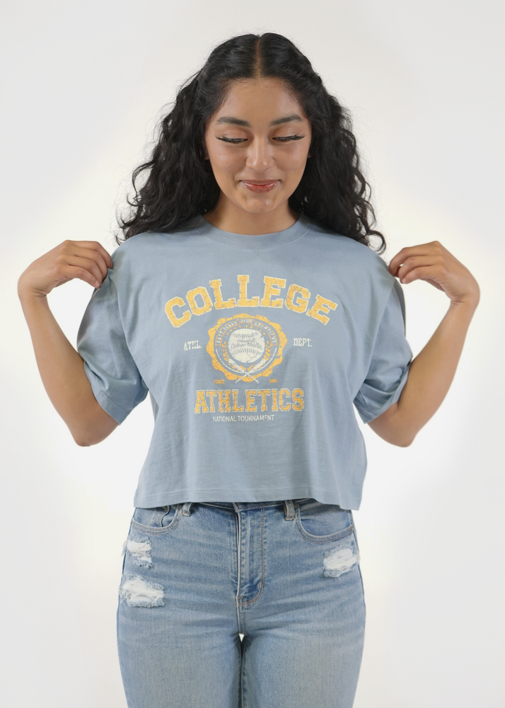 Front of model wearing Redondo Boxy Crop Tee in College Athletics screen print
