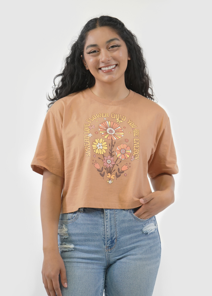 Front of model wearing Redondo Boxy Crop Tee in Flower Child screen print