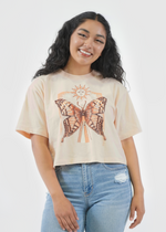 Front of model wearing Redondo Boxy Crop Tee in another fucking butterfly print
