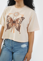 Side of model wearing Redondo Boxy Crop Tee in another fucking butterfly print