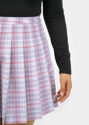 
                  
                    Close up of model wearing Olivia pleated skirt in Periwinkle Plaid
                  
                