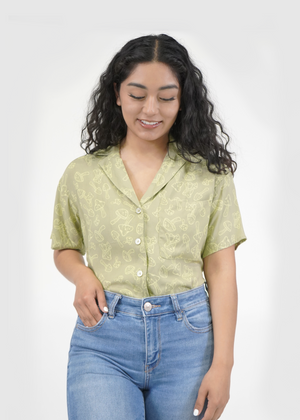 
                  
                    Front of model wearing Sydney Shirt in Sage Green Mushroom print
                  
                