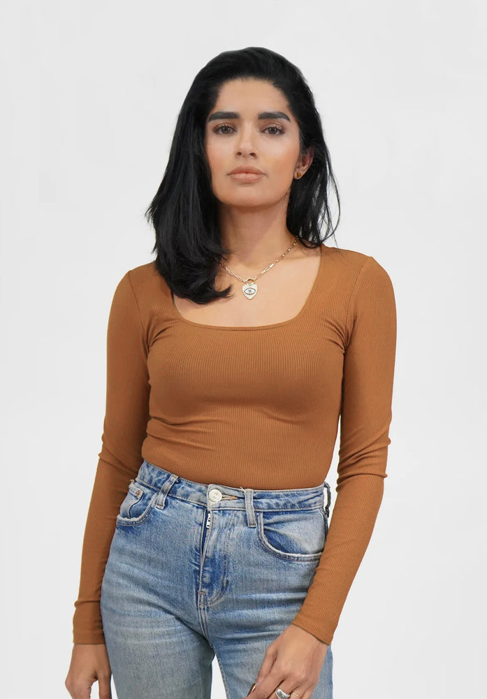 Always Confident Brown Ribbed Square Neck Short Sleeve Bodysuit